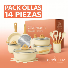 Pack Aravita 14 Piezas - Ollas Antiadherentes de Acero Inoxidable con Revestimiento de Granito + REGALO: 2 Soportes de Ollas